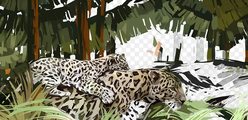 两只豹子和芭蕉森林