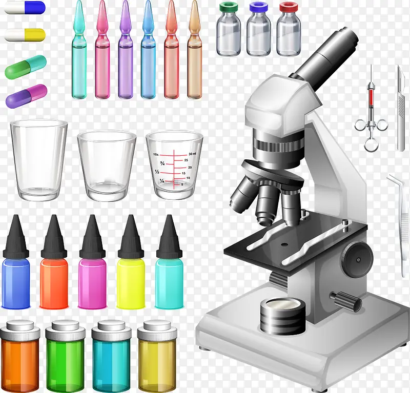 矢量彩色器皿与显微镜