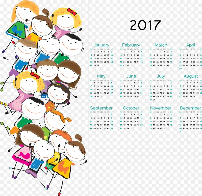 矢量卡通小孩2017年日历