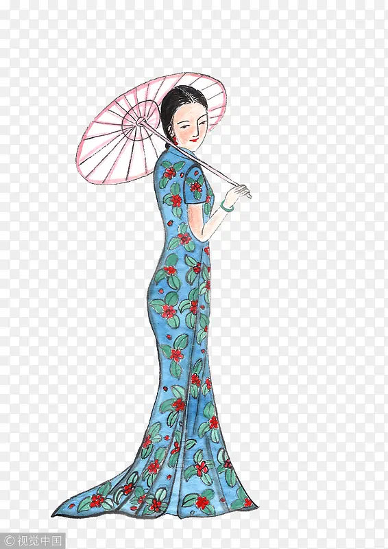 穿长托旗袍撑伞的女人