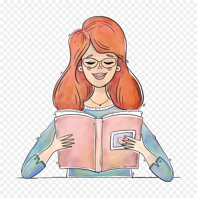 卡通手绘读书的女孩
