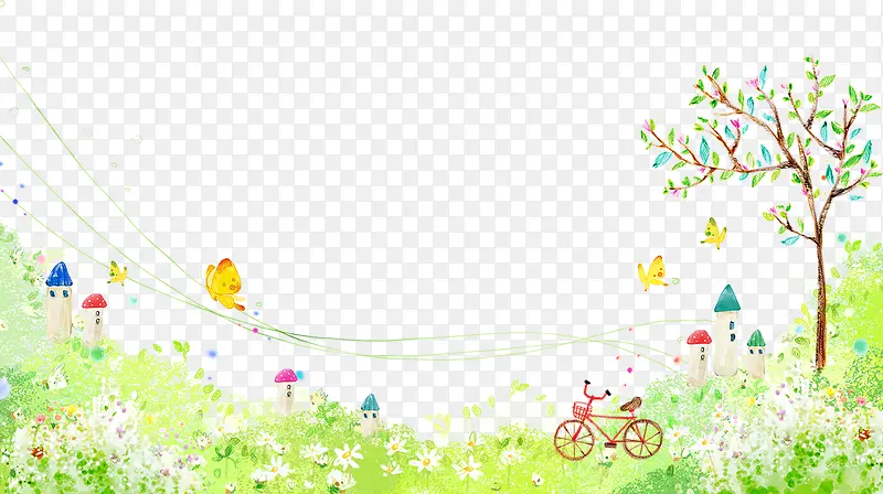 水彩花草和自行车