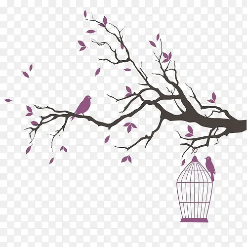 紫色手绘鸟笼树枝