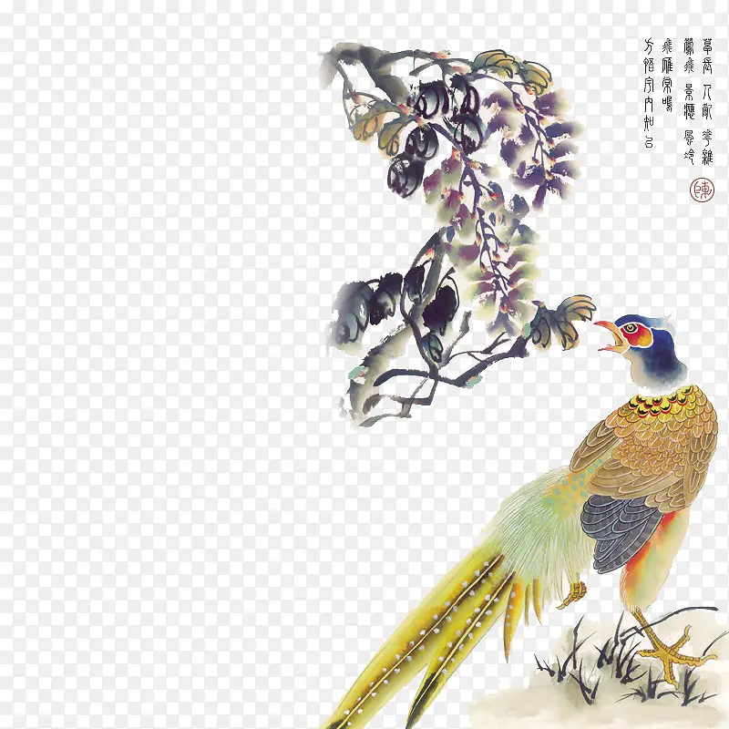 水彩古风孔雀鸟树枝花朵
