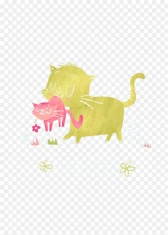 手绘猫妈妈叼着小猫