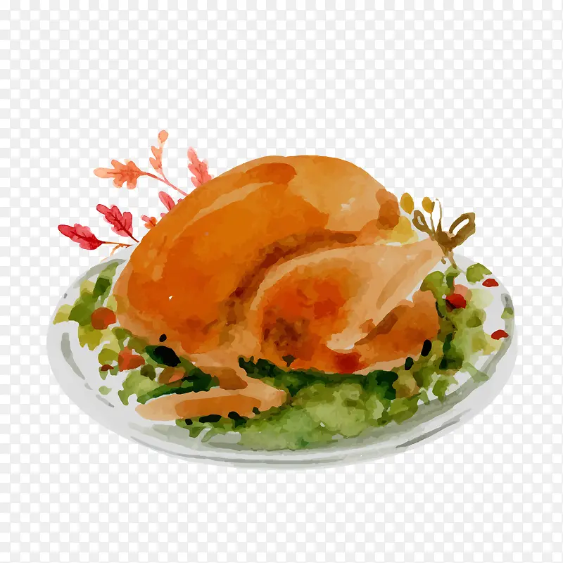手绘盘子中的烤鸡矢量图