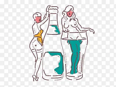 手绘酒瓶与女人