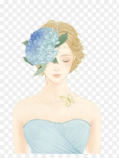 手绘戴蓝色花朵的女孩