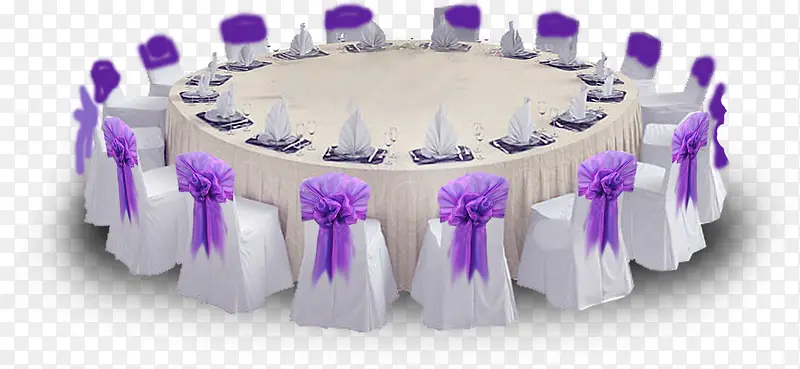 大圆形白色餐桌紫色椅背婚礼
