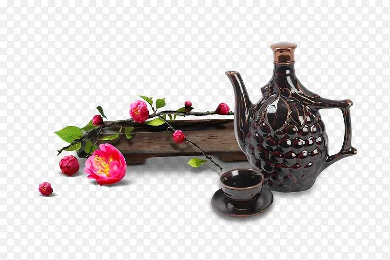 中国风红花与茶具
