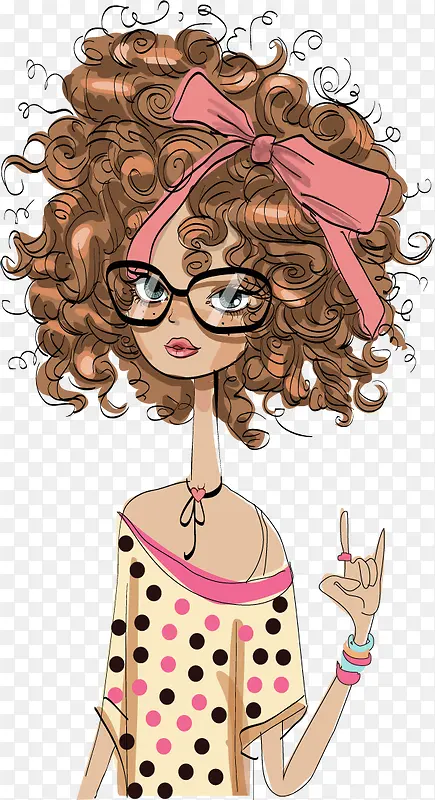 矢量手绘卷发美女