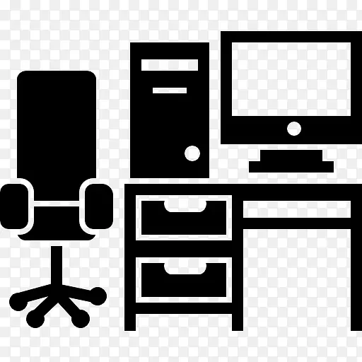 工作室办公桌，桌子椅子电脑塔和监控图标