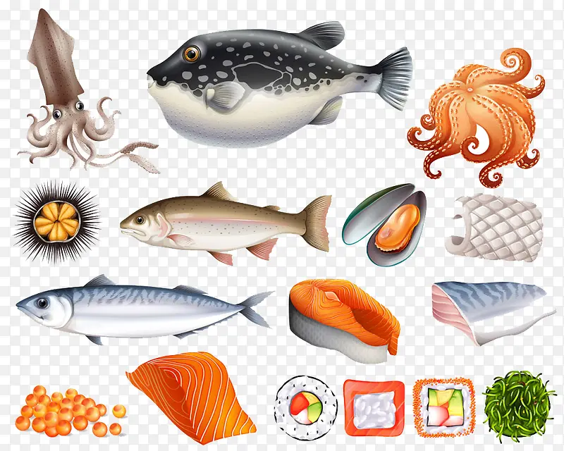 一堆海鲜食品插画