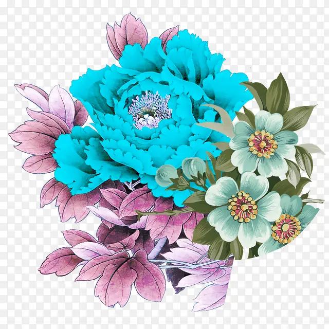 蓝色牡丹花彩绘大花朵