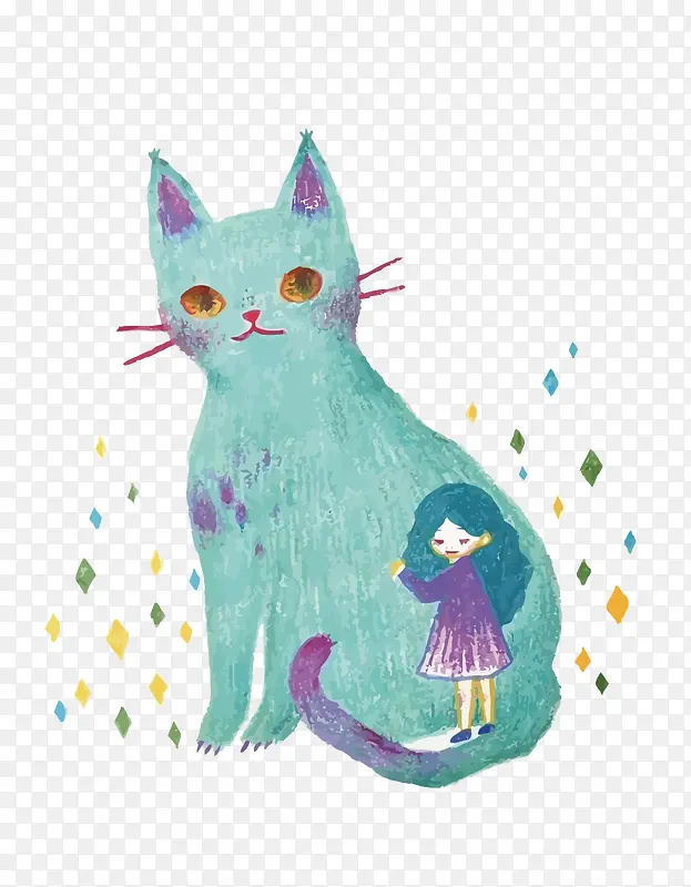 矢量手绘猫和少女