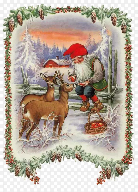 松果框中的喂小鹿食物的圣诞老人