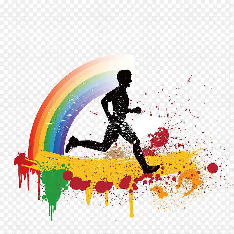 矢量水彩彩虹和跑步的人