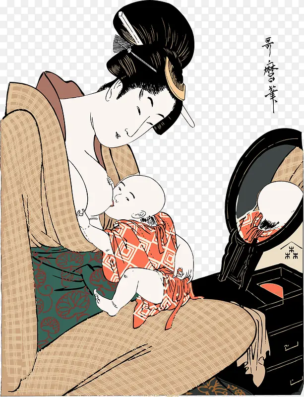 矢量母亲节日本母亲喂奶插画1