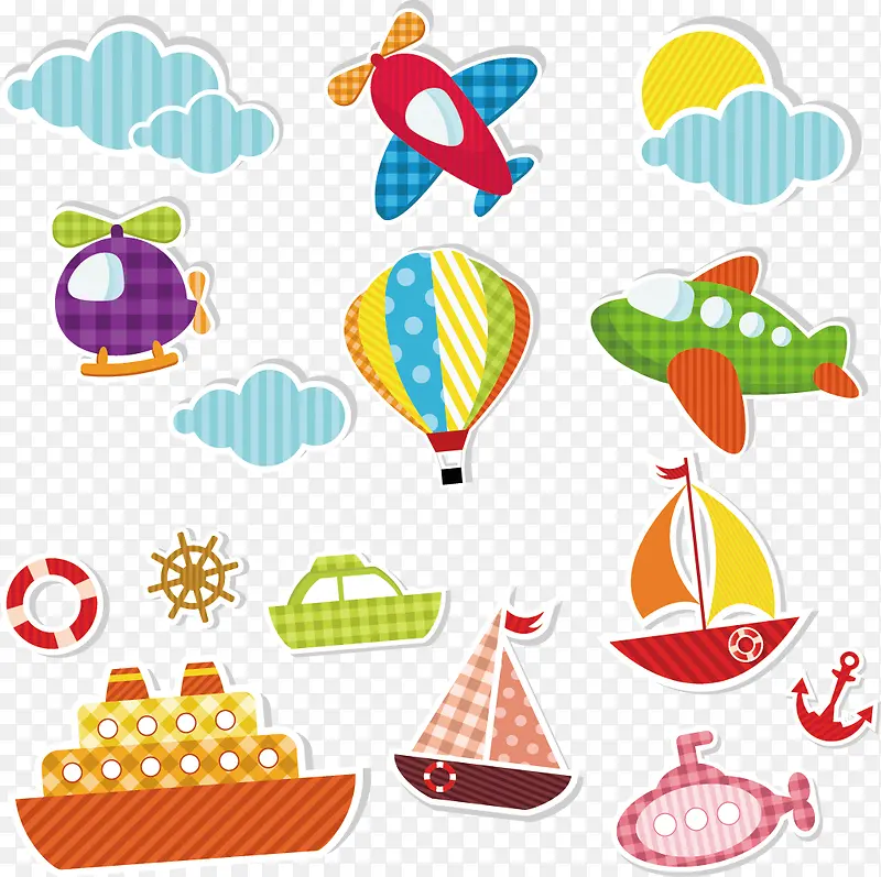 卡通手绘飞机热气球帆船轮船潜水