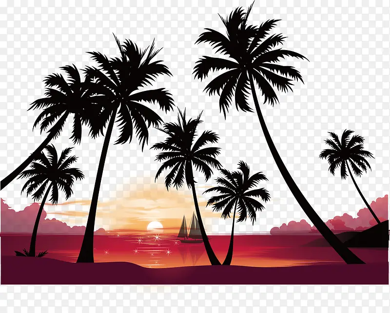 海边晚霞椰子树矢量