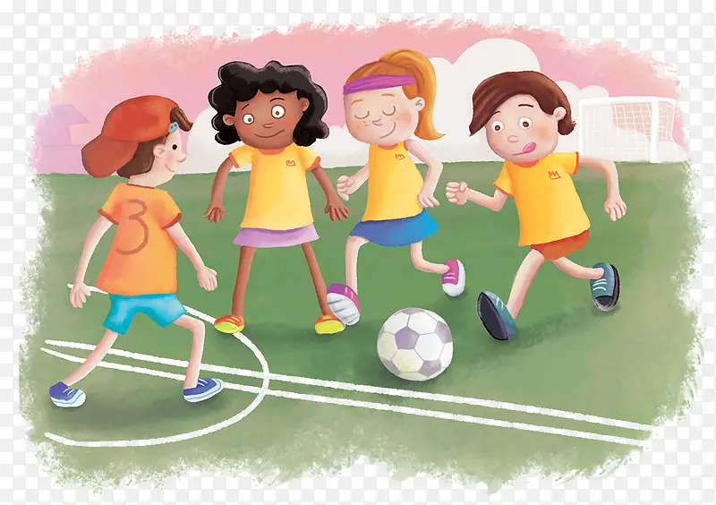 卡通手绘踢足球的儿童