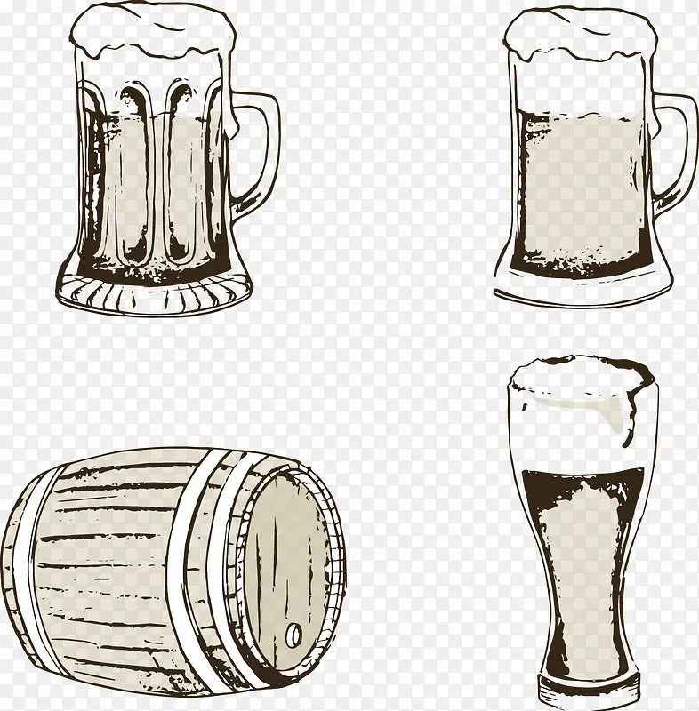 矢量手绘3个啤酒杯和一个木酒桶