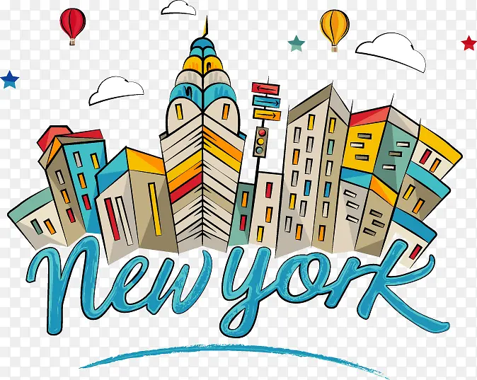 卡通纽约城市著名建筑