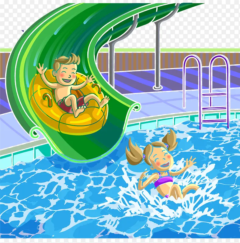 矢量卡通儿童游泳池素材