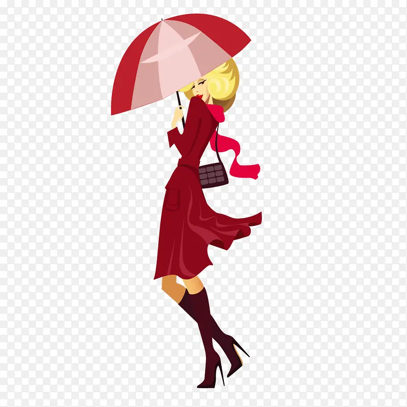 矢量时尚简约风红裙撑伞时髦女郎