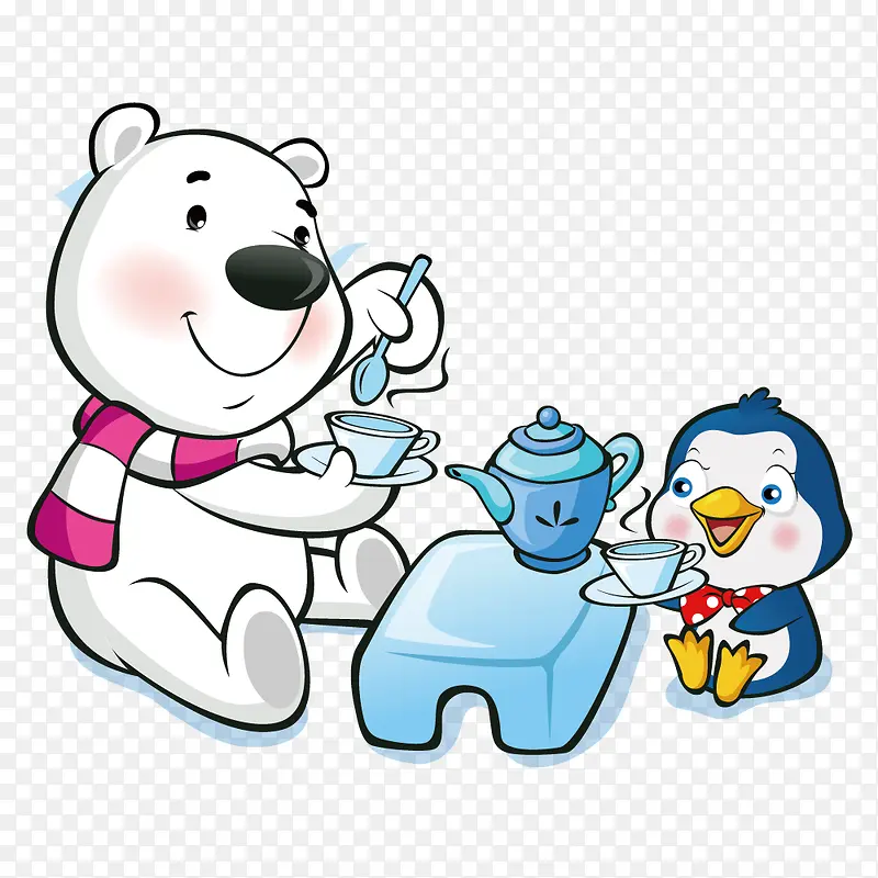 喝茶的北极熊和企鹅