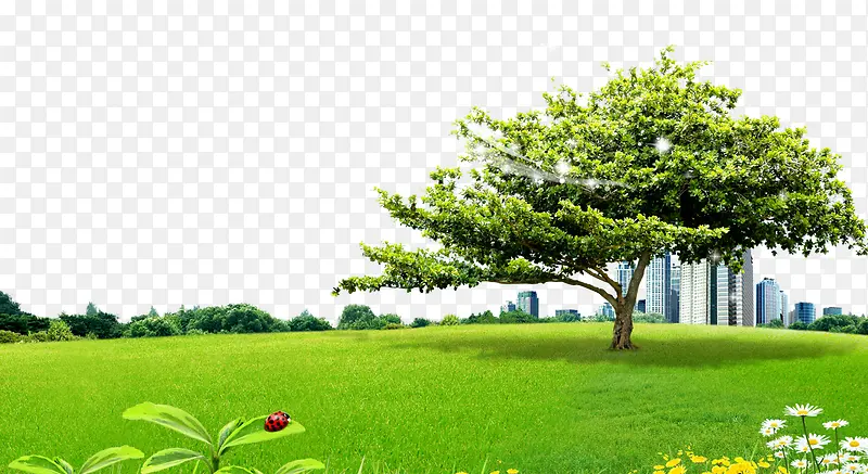 建筑草地大树背景素材