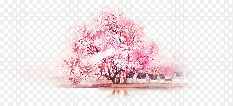 手绘水彩粉色桃花树
