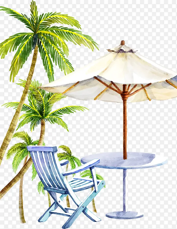 水彩桌椅和椰树