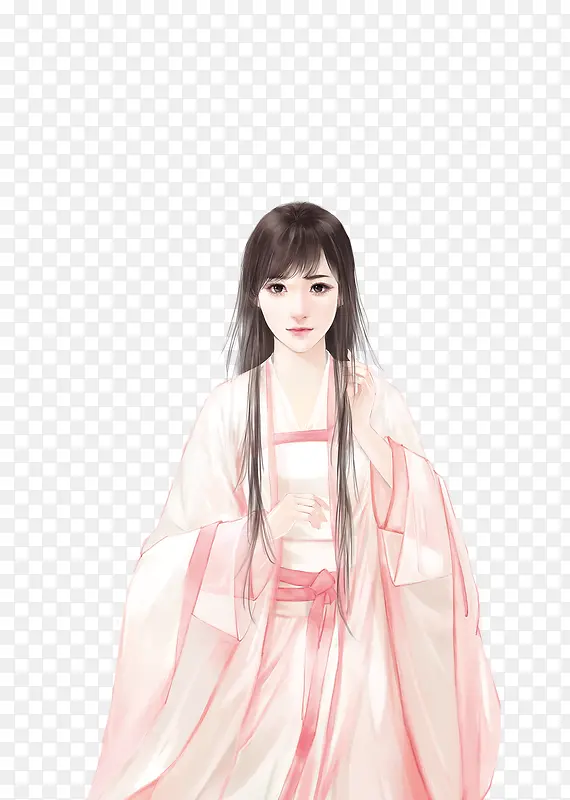 粉衣散发美女古风手绘
