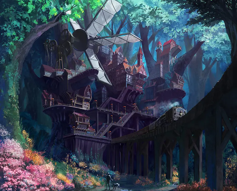 幻想森林里的城堡城镇插画