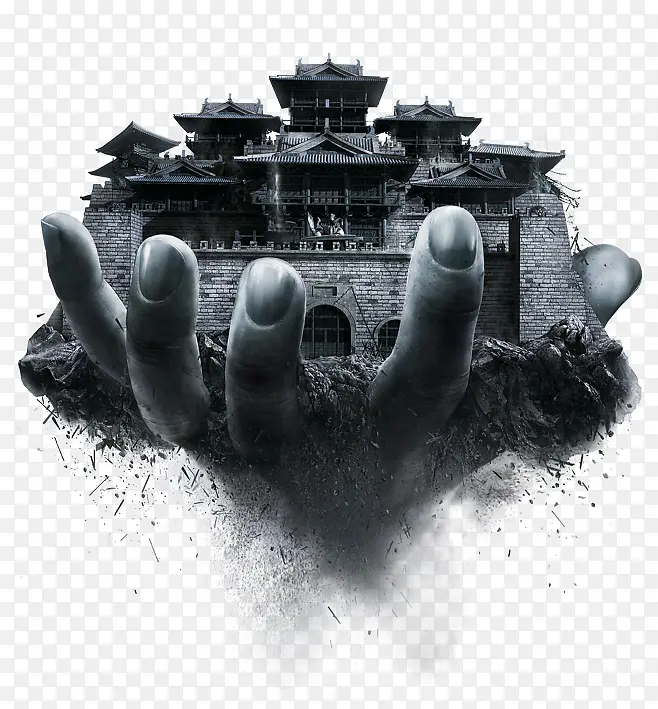 灰色中国风手掌城堡装饰图案