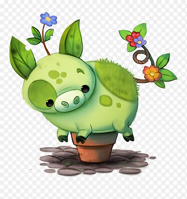 绿色小猪小花盆栽泥土