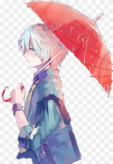 卡通立绘撑雨伞白头发男孩