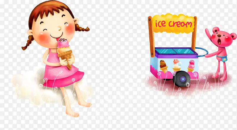 手绘卡通合成爱吃冰激凌的小女孩