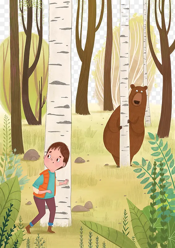 在树林的男孩和熊