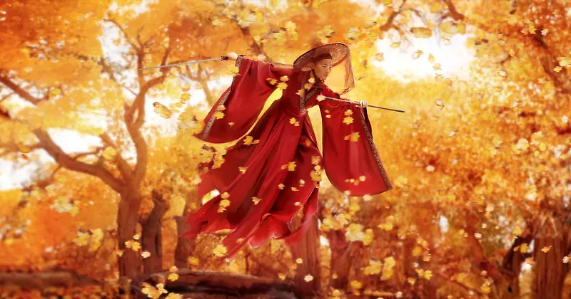红衣女客剑指偏锋枫叶飘舞