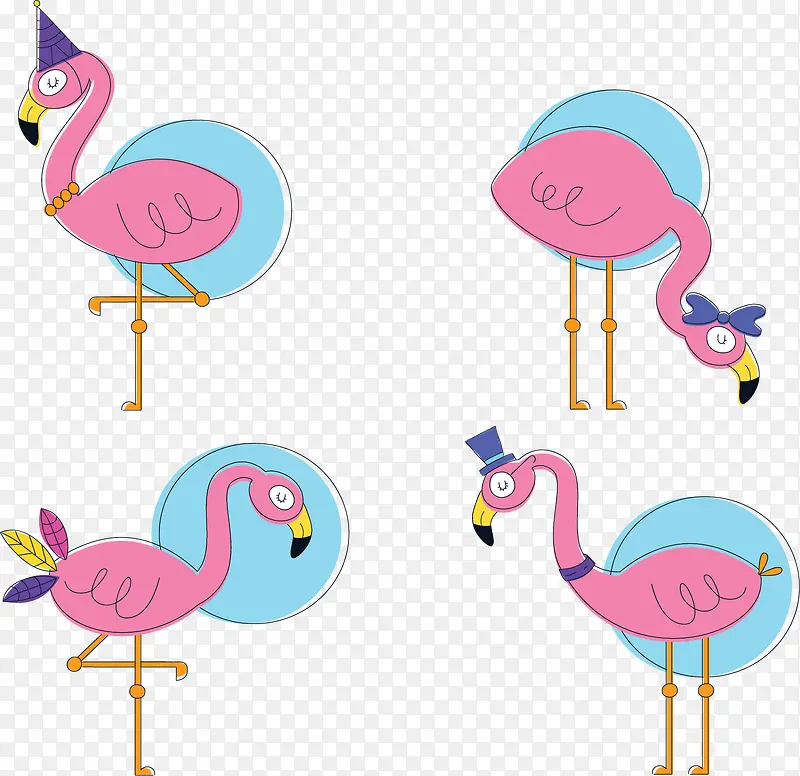 粉色卡通四个火烈鸟