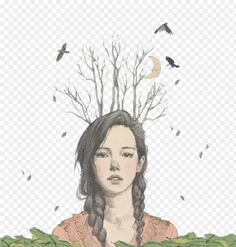 树木枯枝角少女