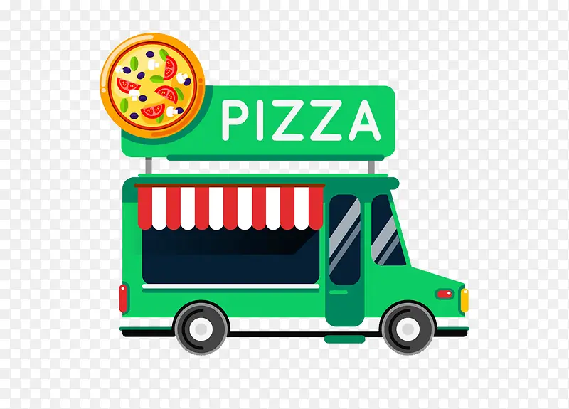 卡通手绘绿色披萨美食车