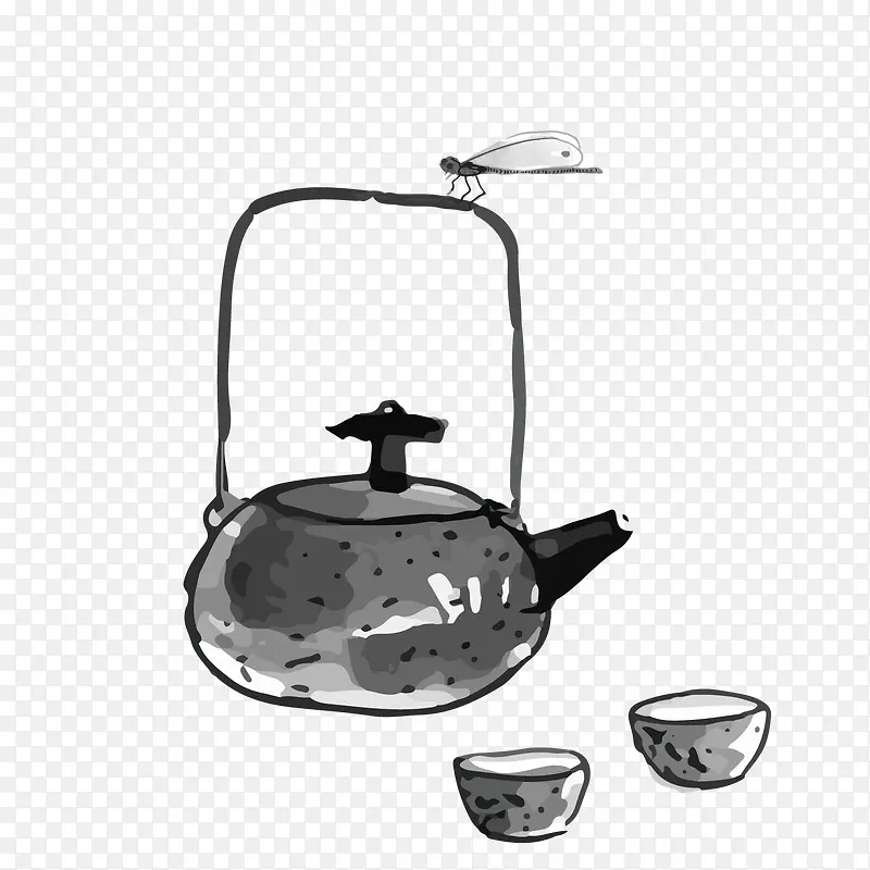 矢量中国风水墨茶壶装饰