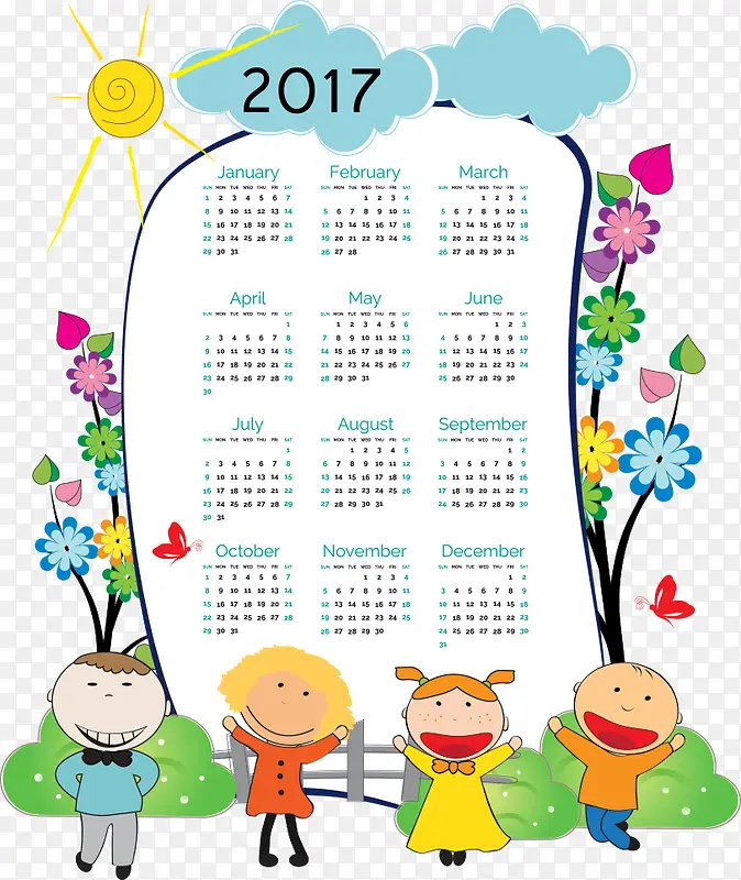 矢量儿童花朵2017年日历