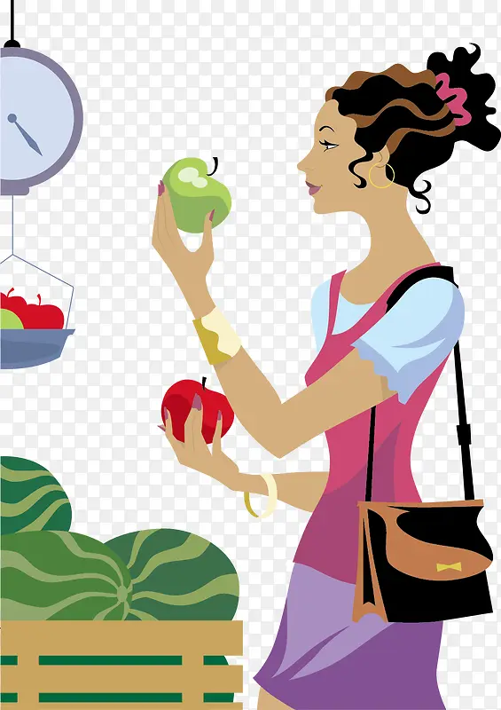 水果店买苹果的女孩卡通矢量插画