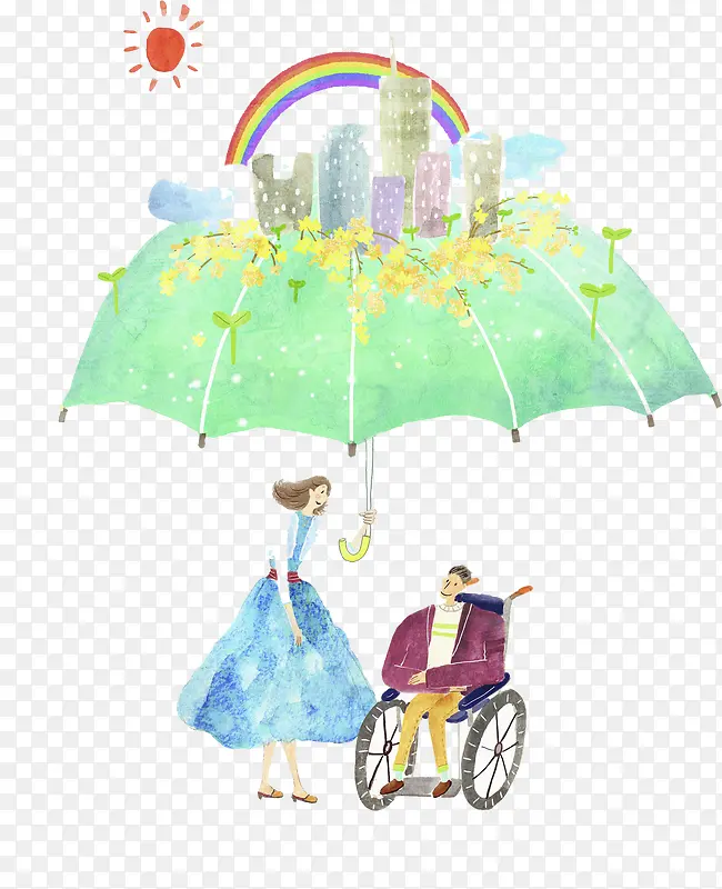 伞下的坐在轮椅上的人