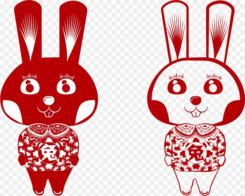 矢量手绘红色剪纸兔
