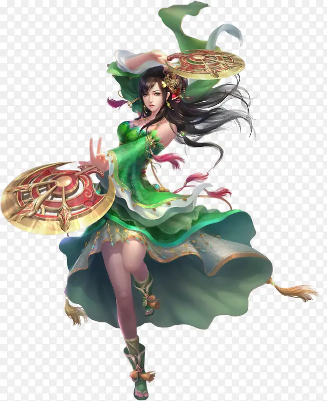 手持兵器穿绿色服装的美女游戏人物